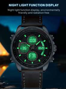 优质 JOEFOX 男士手表 奢华真皮腕表 夜光防水闹铃双显时手表 男士礼物 - 咖啡棕 - 查看 5