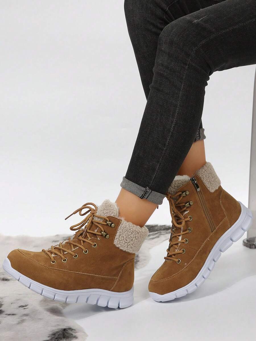 2025款女士圆头系带侧拉链多功能连衣裙羽绒服半裙防滑户外休闲保暖加厚绒毛短靴，平底舒适冬季雪地靴，毛绒靴