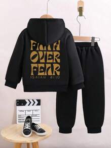 2 件套 Tween Boy 休闲字母印花黑色羊毛连帽衫和裤子套装 - 黑色 - 查看 1