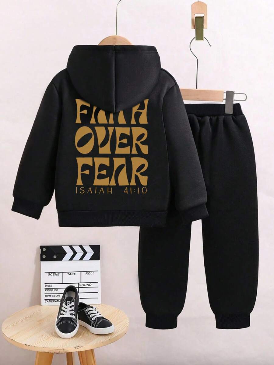 2 件套 Tween Boy 休闲字母印花黑色羊毛连帽衫和裤子套装 - 黑色 - 查看 1