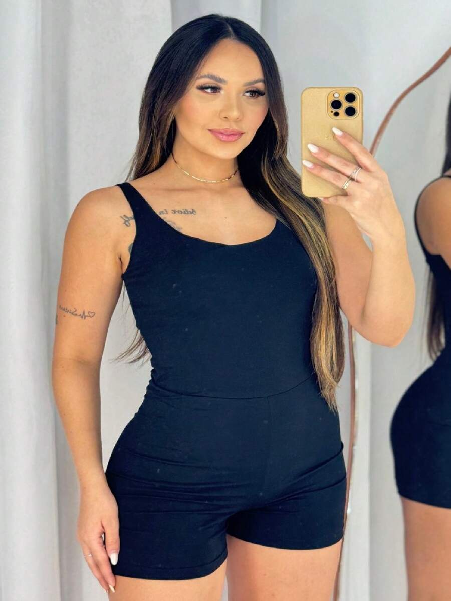 Women's Short Jumpsuit Straps High Waist Gym Blogger - 黑色 - 查看 1