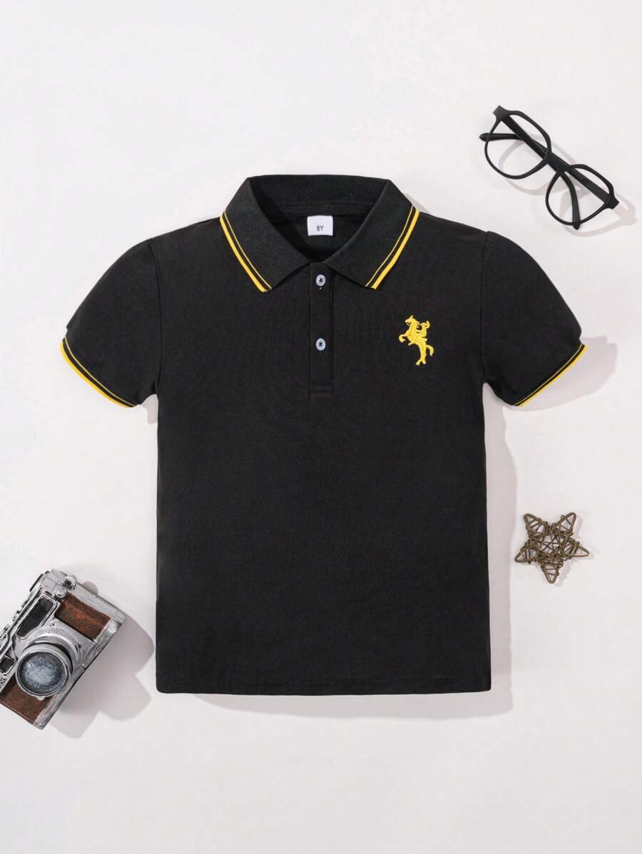Boys' Contrast Trim Short Sleeve Polo Shirt - Black - View 1