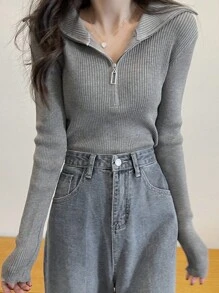 女士修身百搭拉链半开领长袖针织毛衣上衣，日常穿着