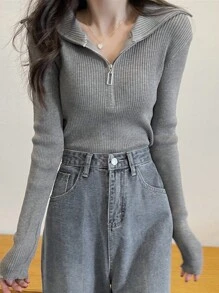 女士修身百搭拉链半开领长袖针织毛衣上衣，日常穿着