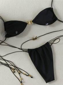 New Sexy Elegant Halter Solid Bikini Swimwear, Suitable For Beach, Vacation, Party, Date In Spring/Summer - Black - View 2