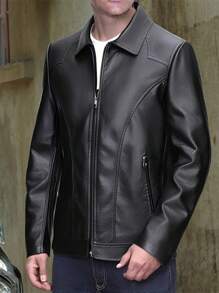 Men's Casual Business PU Leather Jacket, Turndown Collar, Fashionable Loose Plus Size Coat