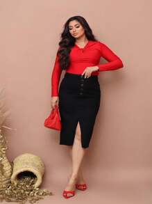 Black Midi Jeans Skirt With Front Slit With Lycra 38 To 48 - Evangelical Fashion Social Skirt - 黑色 - 查看 1