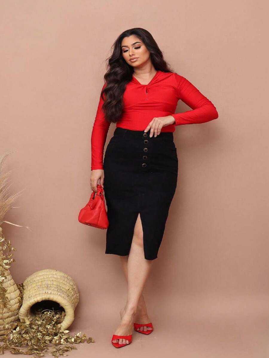 Black Midi Jeans Skirt With Front Slit With Lycra 38 To 48 - Evangelical Fashion Social Skirt - 黑色 - 查看 1