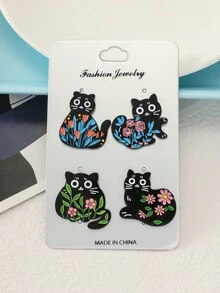 4pcs/Set Cute Cartoon Cat, Cassette Tape, Cactus Alloy Brooch Pins, Vintage Electroplated Black