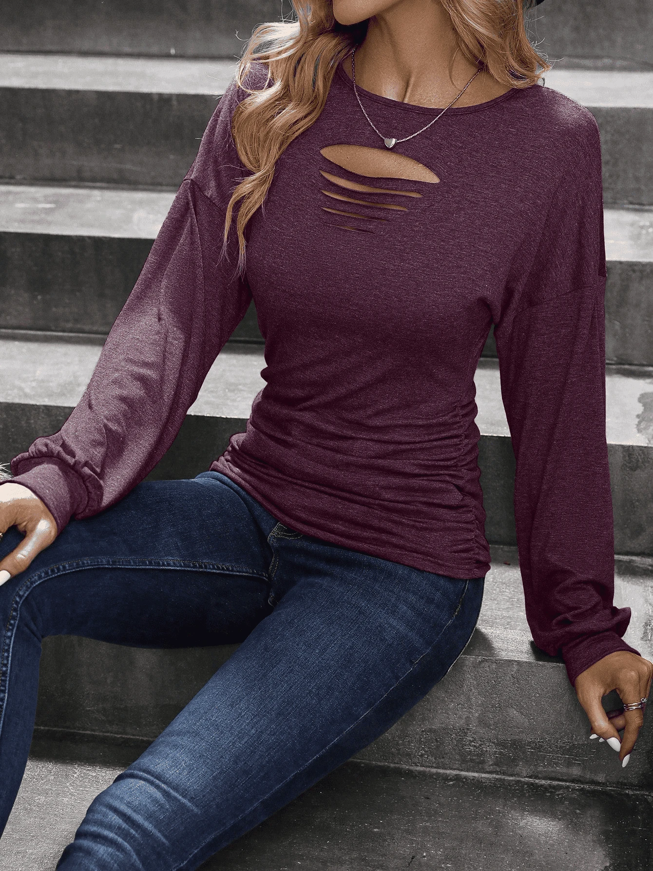 Women's Solid Color Round Neck Dropped Shoulder Long Sleeve Casual Distressed Blouse, Spring Autumn - Red Violet - View 1