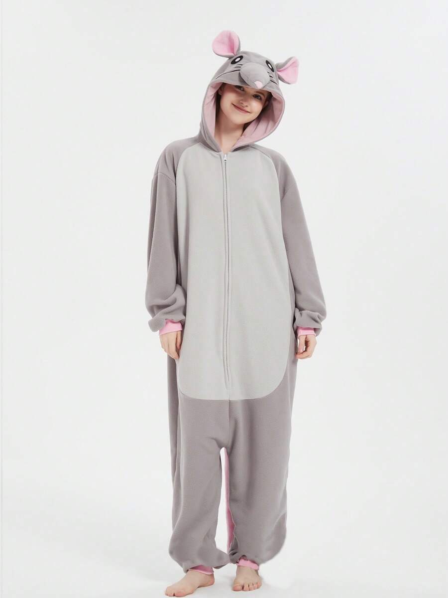 Unisex Cosplay Cartoon One Piece Possum Pajamas, Rat Fleece Thickened Hooded Jumpsuit, Fall, Winter, Christmas Animal Cosplay Pajamas, Funny One Piece Outfit For Halloween Party - Grey - View 1