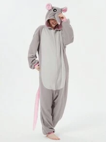 Unisex Cosplay Cartoon One Piece Possum Pajamas, Rat Fleece Thickened Hooded Jumpsuit, Fall, Winter, Christmas Animal Cosplay Pajamas, Funny One Piece Outfit For Halloween Party - Grey - View 4