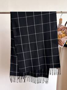 1 件女士冬季新款仿羊绒格子围巾，简约时尚流苏环围巾保暖披肩男女通用防寒，适合日常旅行、休闲穿着 - 黑色 WT156-1 - 查看 2