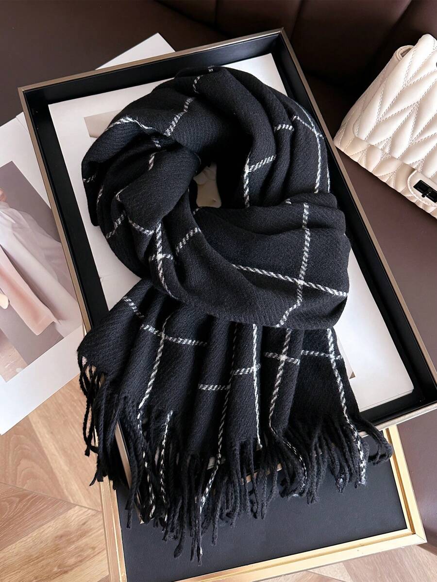 1 件女士冬季新款仿羊绒格子围巾，简约时尚流苏环围巾保暖披肩男女通用防寒，适合日常旅行、休闲穿着 - 黑色 WT156-1 - 查看 1