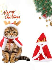 1PC Pet Christmas Transformation Dress Red Cute Antlers Clothing Cat Dog Cloak Clothes Christmas Deer Cloak Halloween Halloween Costumes - Red - View 1