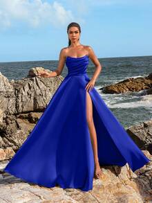 Faeriesty Đầm dạ hội nữ thanh lịch xếp ly, xẻ tà cao - Trang phục trang trọng mùa xuân/hè, phù hợp cho đám cưới, dạ hội, thảm đỏ, tiệc tùng, khách mời đám cưới, kỳ nghỉ hè. - Xanh đậm - Xem 8