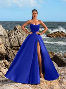 Faeriesty Đầm dạ hội nữ thanh lịch xếp ly, xẻ tà cao - Trang phục trang trọng mùa xuân/hè, phù hợp cho đám cưới, dạ hội, thảm đỏ, tiệc tùng, khách mời đám cưới, kỳ nghỉ hè. - Xanh đậm - Xem 6