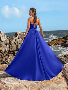 Faeriesty Đầm dạ hội nữ thanh lịch xếp ly, xẻ tà cao - Trang phục trang trọng mùa xuân/hè, phù hợp cho đám cưới, dạ hội, thảm đỏ, tiệc tùng, khách mời đám cưới, kỳ nghỉ hè. - Xanh đậm - Xem 3