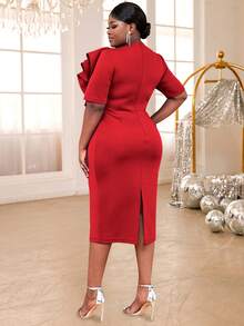 Plus Size Women Solid Color Ruffle Detail Party Fitted Dress - Red - View 4