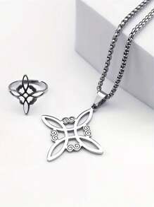 suteyi Juego de joyas de acero inoxidable de 4 piezas, colgante con nudo celta irlandés estilo bruja, aretes y pulsera y anillo de moda - Plateado - Ver 6