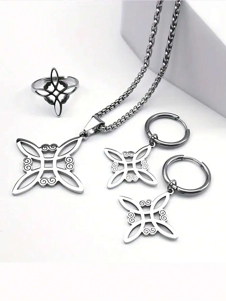 suteyi Juego de joyas de acero inoxidable de 4 piezas, colgante con nudo celta irlandés estilo bruja, aretes y pulsera y anillo de moda - Plateado - Ver 1