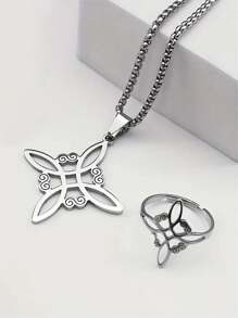 suteyi Juego de joyas de acero inoxidable de 4 piezas, colgante con nudo celta irlandés estilo bruja, aretes y pulsera y anillo de moda - Plateado - Ver 2