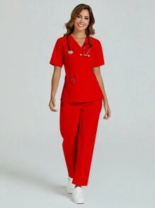 cimmuovere V-Neck Short Sleeve White Lab Coat, Backstrap Nurse Uniform  Scrubs Set With Pockets, Dental Clinic/Vet Hospital Work Outfit - Top And Pants - Red - View 1