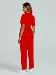 cimmuovere V-Neck Short Sleeve White Lab Coat, Backstrap Nurse Uniform  Scrubs Set With Pockets, Dental Clinic/Vet Hospital Work Outfit - Top And Pants - Red - View 2