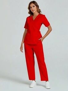 cimmuovere V-Neck Short Sleeve White Lab Coat, Backstrap Nurse Uniform  Scrubs Set With Pockets, Dental Clinic/Vet Hospital Work Outfit - Top And Pants - Red - View 3