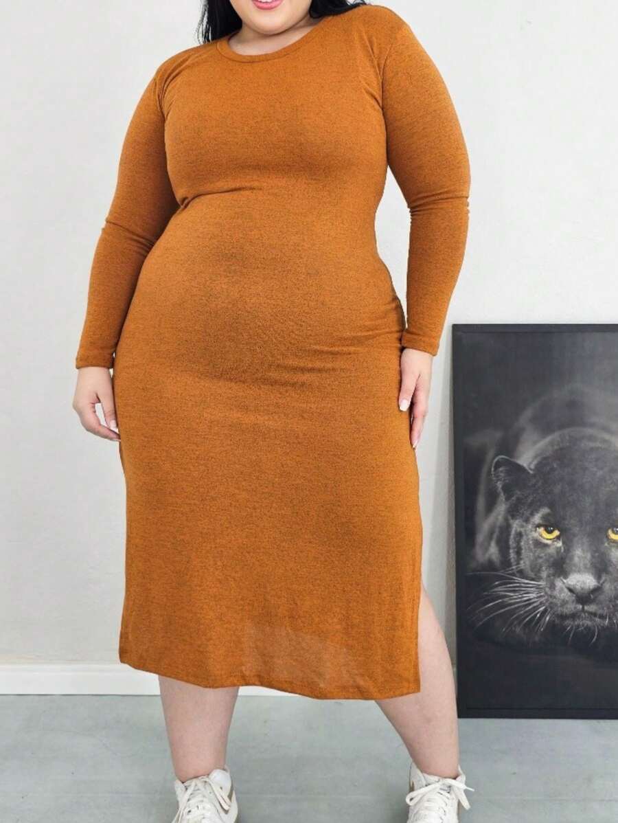 PLUS SIZE WOMEN'S PARTY DRESS, LONG WITH SIDE SLIT, LONG SLEEVES - Màu Cam cháy - Xem 1