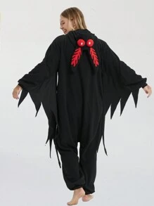 Mothman Cosplay   Cartoon One Piece Pajamas, Unisex Fleece Thickened Hooded Jumpsuit, Fall, Winter, Christmas Animal Cosplay Pajamas, Funny One Piece Outfit For Halloween Party - 黑色 - 查看 2