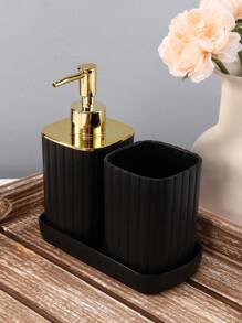 3 Pieces Electroplated Black Gold Set Soap Bottle Mouthwash Cup Tray Bamboo Lid Bathroom Accessories Home Bathroom Decor Summer Back To School