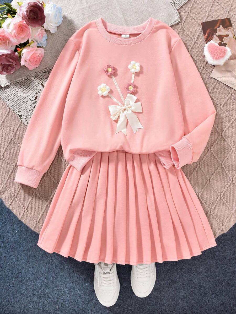 Vihyde Tween Girls Preppy Style 3D Flower & Bow Round Neck Long Sleeve Sweatshirt & Pleated Skirt 2 Pieces Set - Baby Pink - View 1