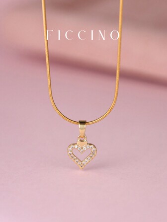  FICCINO Minimalist Classic Rose Gold Plated CZ Pendant Necklace With Adjustable Titanium Steel Gold Plated Snake Chain, Lovely Gift For Girls And Best Friends, Comes With Gift Box