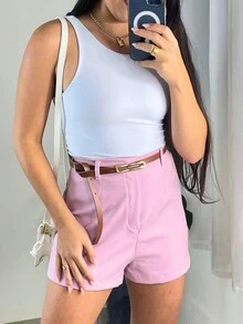 Women's Short Tailored Shorts With Belt In Summer Colors - 淺粉色 - 查看 1