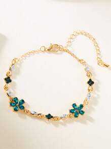 1pc Stainless Steel 18K Plated Floral Rhinestone Pendant Bracelet, Luxury Women's Accessory Suitable For Party, Date, Work - Yellow Gold - View 12