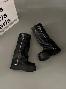 女士厚底过膝长靴，新款欧美风厚底圆头休闲复古经典侧拉链过膝长靴。鲨鱼靴，黑色长靴，厚底长靴，新款厚底过膝折叠鲨鱼靴，圆头粗跟套穿褶皱厚底鞋，女士冬季穿搭，厚底长靴