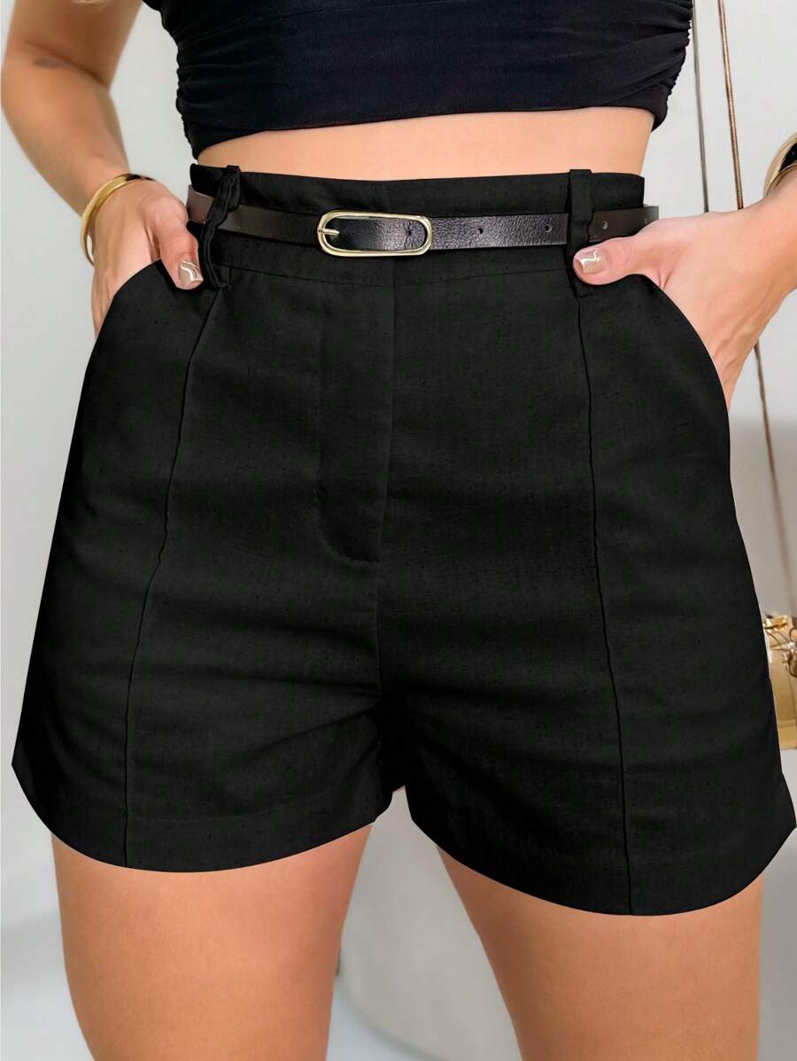 EMILI LULU RUN Women's Shorts With Viscose Crease And Thin Belt - 黑色 - 查看 1