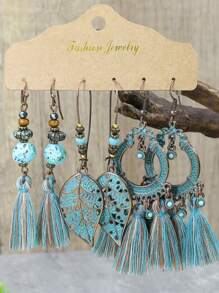 6pcs Vintage Tassel Combination Bohemian Style Asymmetric Holiday Earrings Set For Women - Yellow - View 7