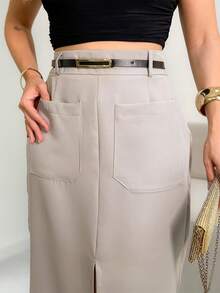 Long Monochromatic Tailored Skirt With Side Pockets And Zipper And Button Details/DD063 - 淺灰色 - 查看 4