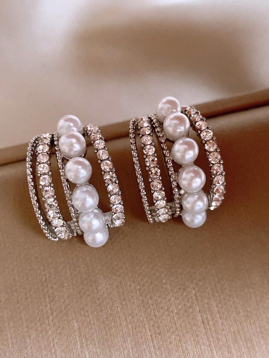 Andkiss Faux Pearl Decor Hoop Earrings - Multicolor - View 1