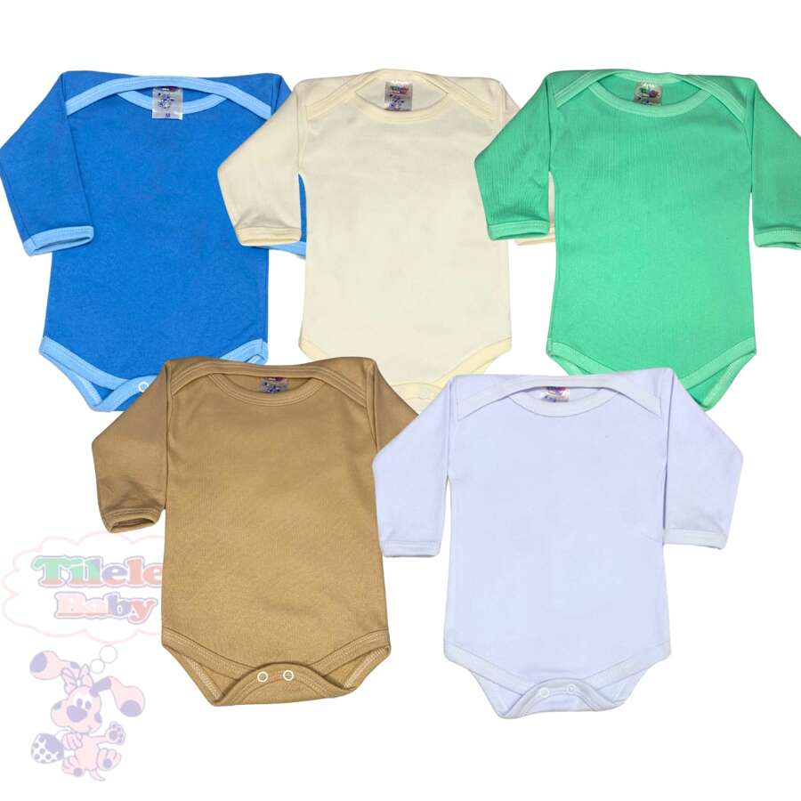 5 Piece Kit, Long Sleeve Plain Bodysuit, 100% Cotton, Baby Girl Or Boy - 藍色 - 查看 1