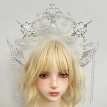 1pc Women's Golden Faux Pearl Chain Metal Lolita Angel Halo Sun Crown Headband, Suitable For Daily Wear, Cosplay, Photography Props Halloween