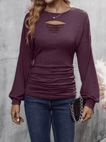 Women's Solid Color Round Neck Dropped Shoulder Long Sleeve Casual Distressed Blouse, Spring Autumn - Red Violet - View 5