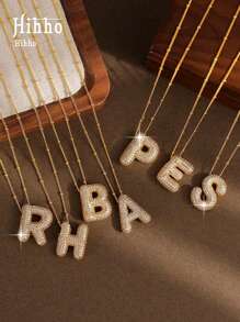 1pc Luxury Micro-Inlaid CZ Initial 26 Letter Pendant Necklace, Gold-Tone Plated Unisex Initial Name Necklace - Yellow Gold - View 11