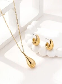 2pcs Women Fashion Minimalist Teardrop Pendant Necklace & Earrings Jewelry Set, Gift