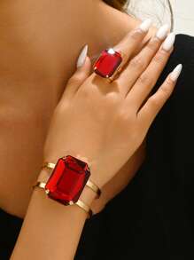 1 Set Vintage quadratischer Rubin Zweireihiger Edelstein Armreif und offener Ring Schmuckset, Modeschmuck Statement Set für Frauen
