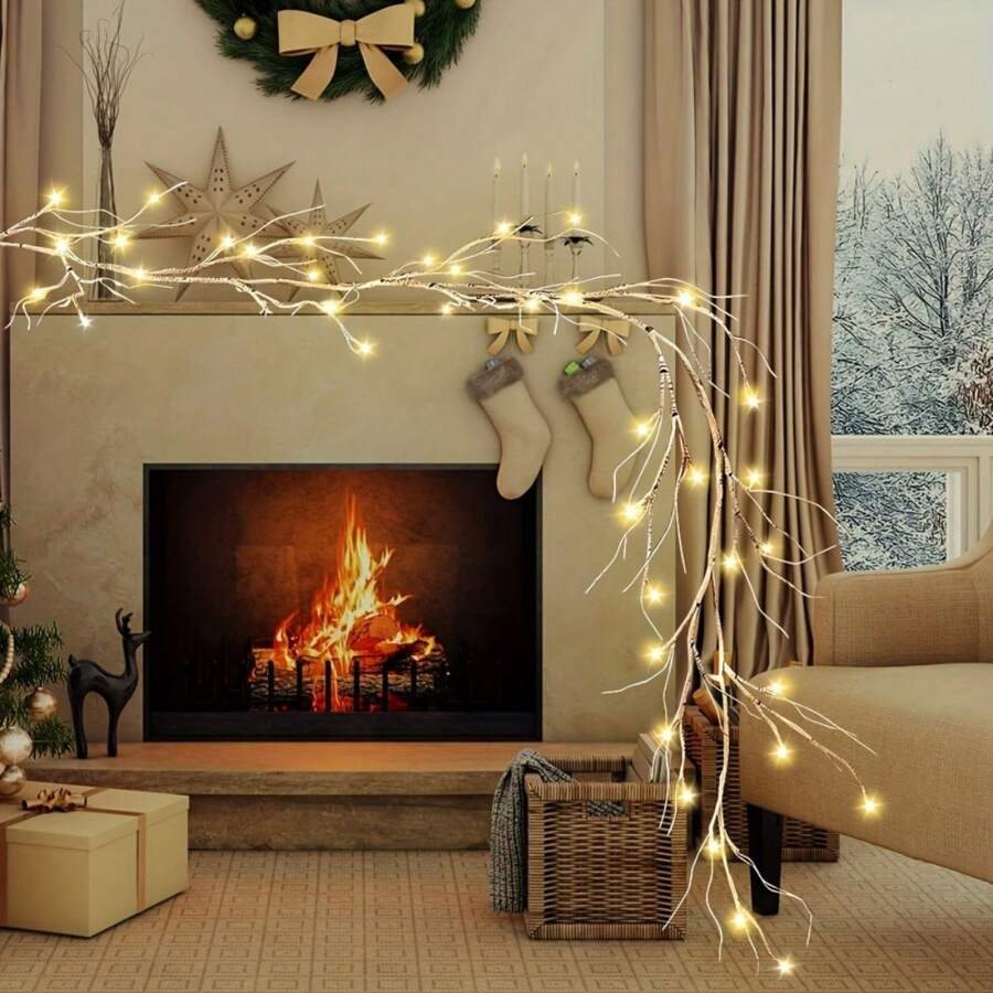 1pc 5.91FT. Vòng hoa Giáng sinh bằng gỗ bạch dương với 48 đèn LED chạy bằng pin Đèn trang trí không khí cổ tích ngoài trời chống thấm nước cho lò sưởi, cầu thang, tay vịn, bàn ăn, trang trí Giáng sinh - Màu trắng ấm áp - Xem 1