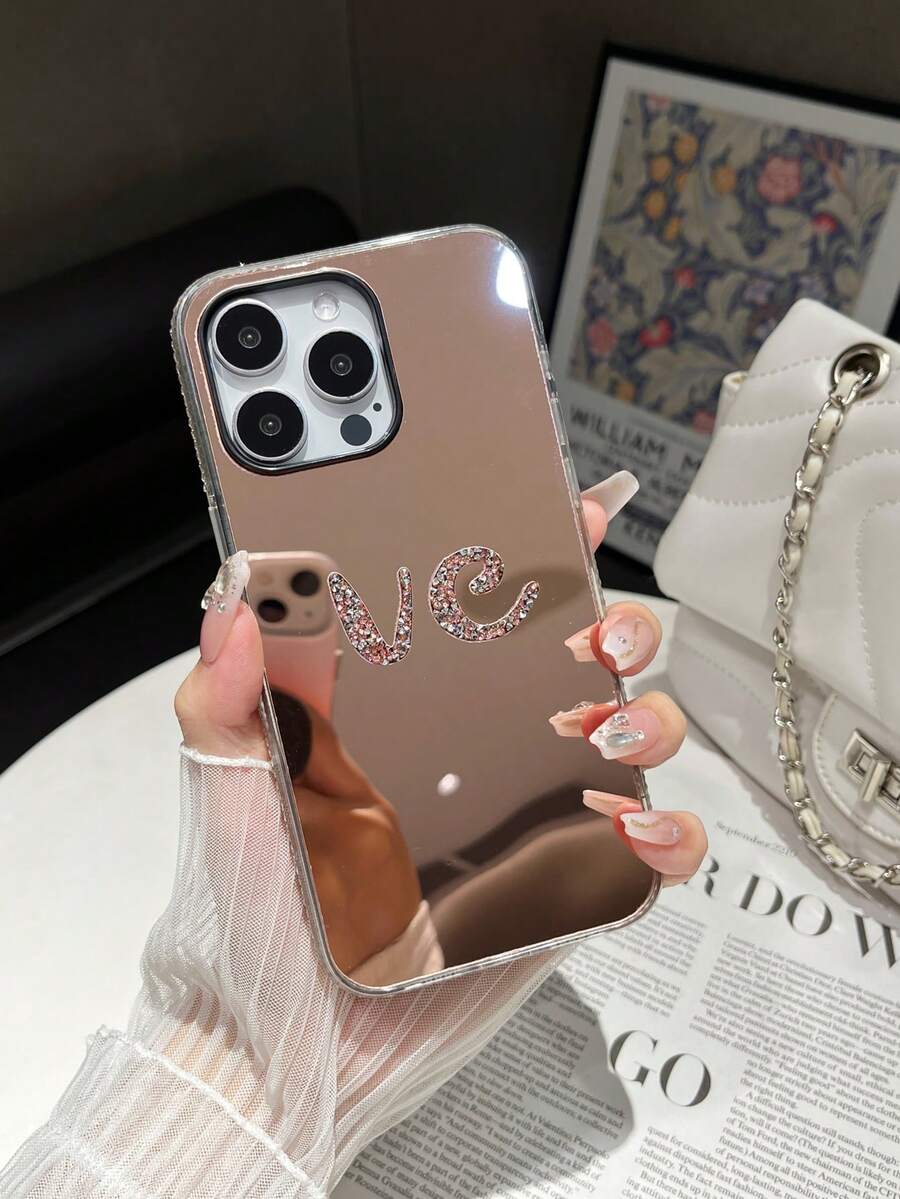 1pc Custom Mirror Diamond Pink Square Phone Case, Personalized