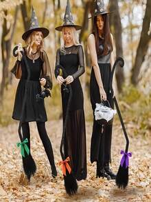 1 Piece Halloween Witch Broom, Ribbon Free Assembly Wicked Witch Broom For Cosplay Party, Witch Costume Decoration, Ghost Witch Broom With Ghost Voice Halloween Animation Decoration Detachable Witch Broom Halloween Broom Props - Multicolor - View 3